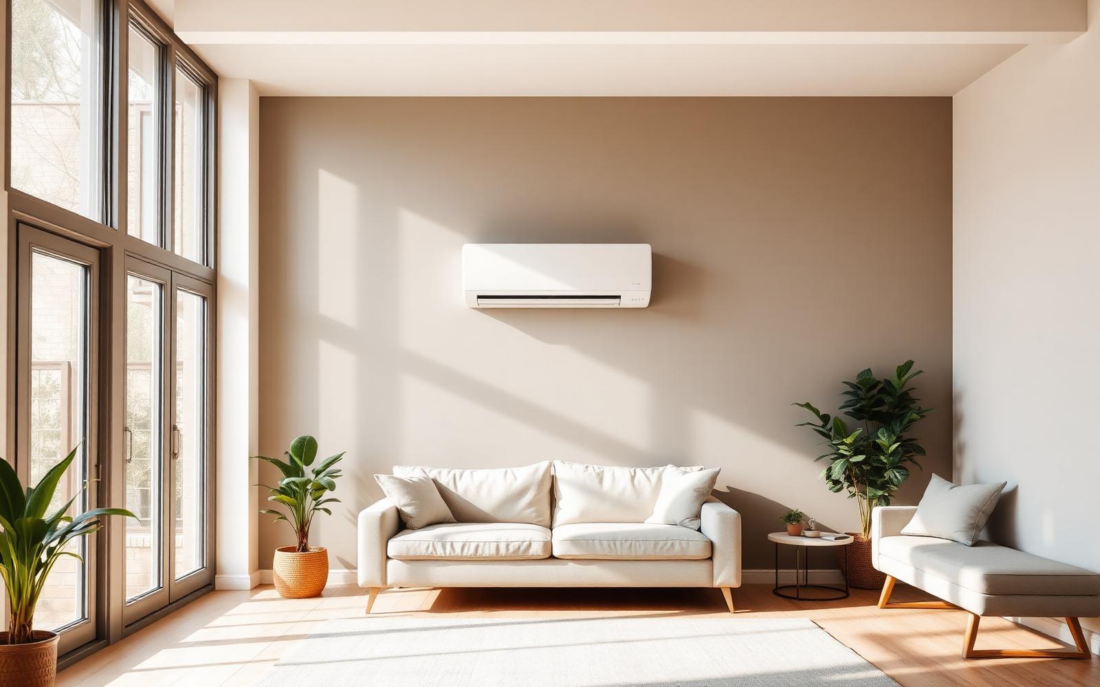 Sunlit modern living room with a wall-mounted white mini-split heat pump unit